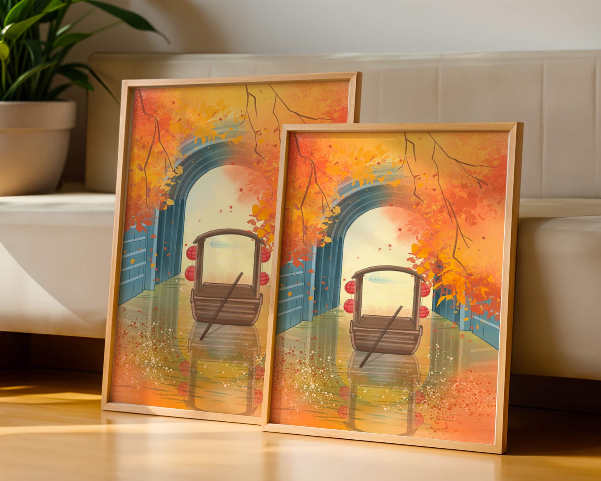 Serene autumn scene with archway and wooden boat
