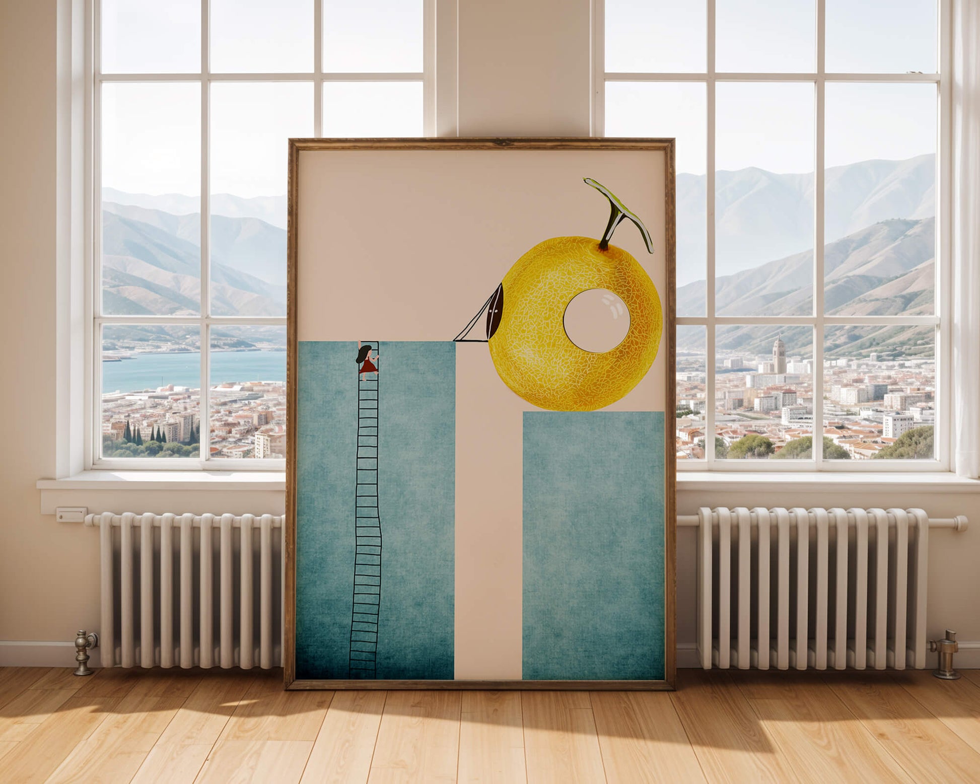 Woman Climbing Ladder towards Giant Yellow Fruit