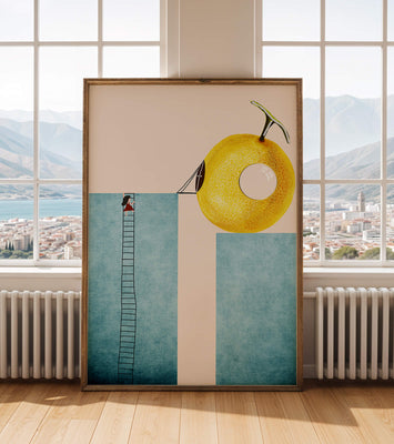 Woman Climbing Ladder towards Giant Yellow Fruit