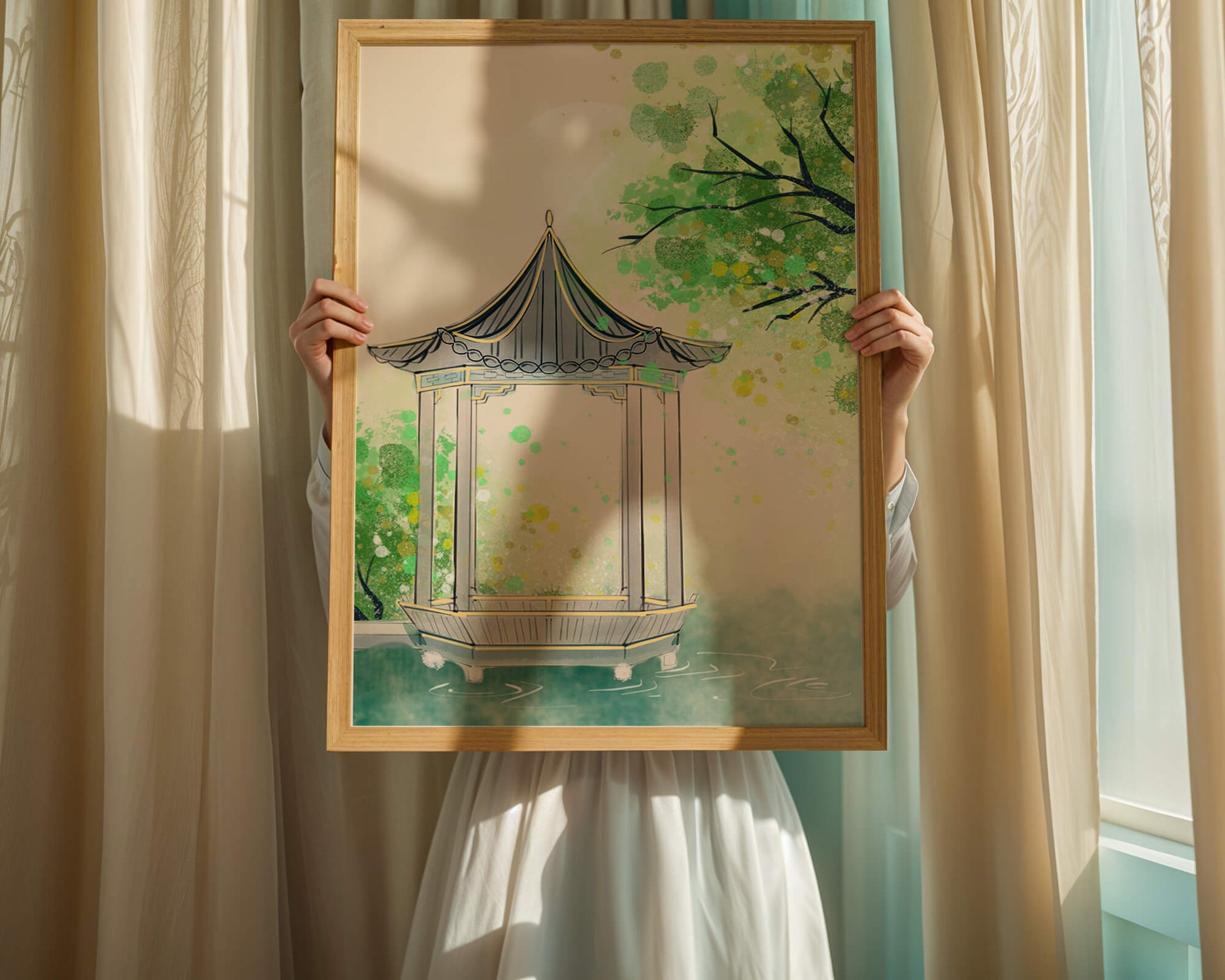 Serene garden gazebo by a tranquil pond with lush greenery