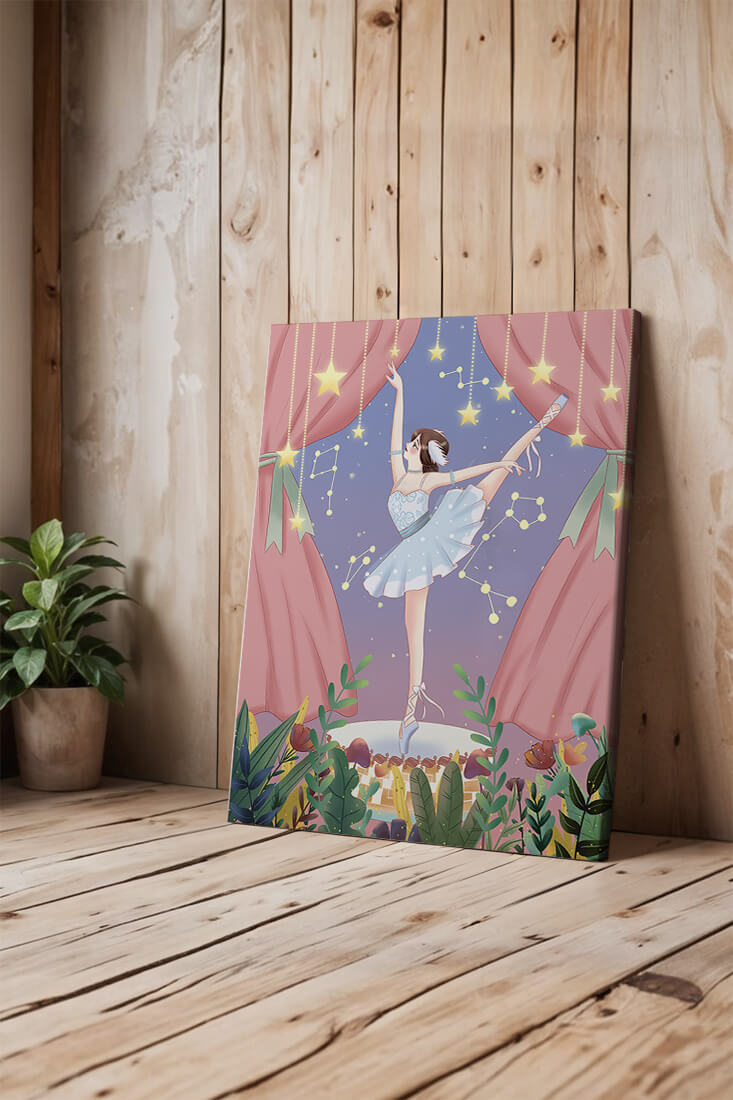Graceful ballerina performing under starry sky on stage