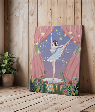 Graceful ballerina performing under starry sky on stage