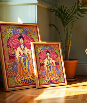 Ilustración oriental colorida con motivos de peces koi y loto