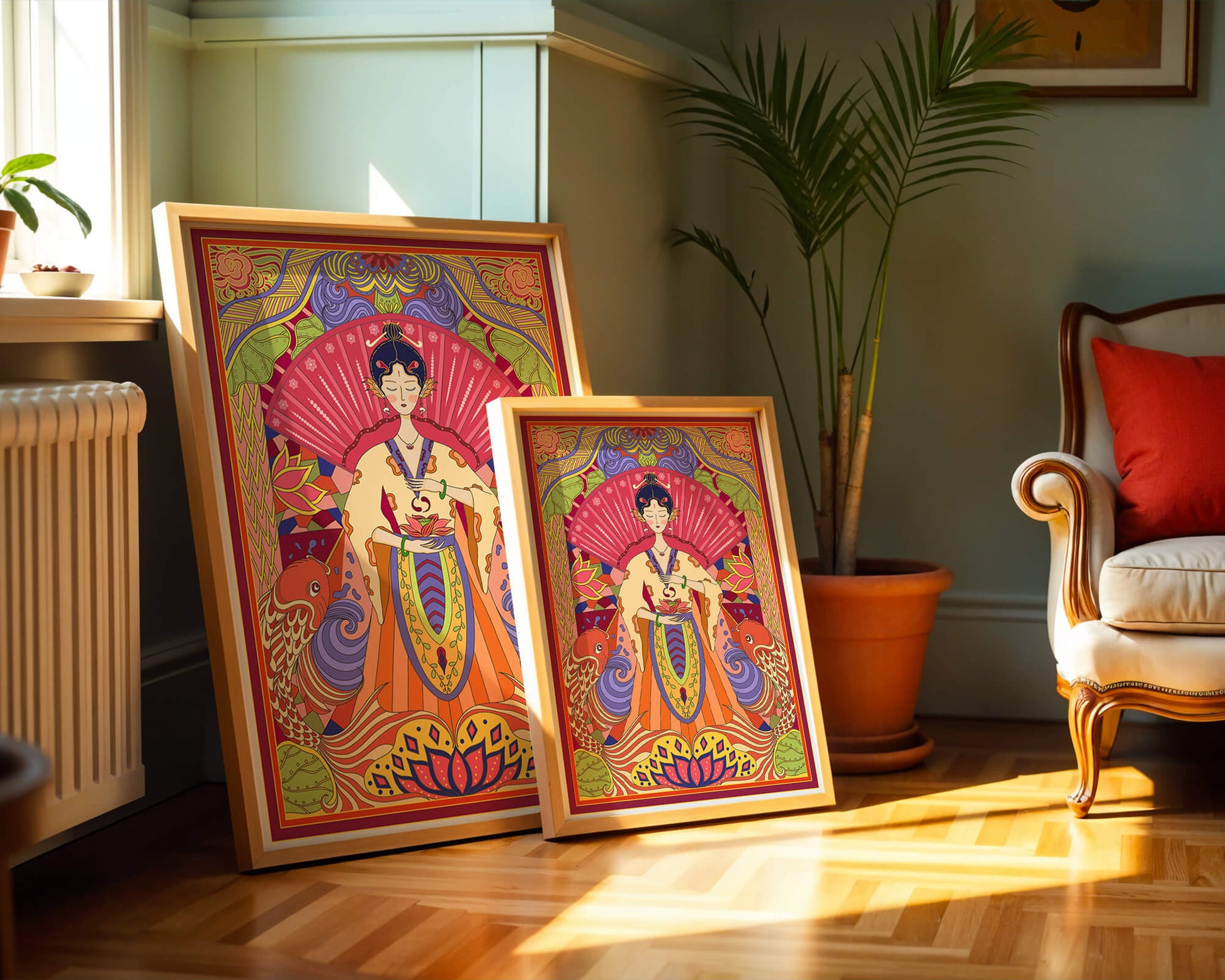 Ilustración oriental colorida con motivos de peces koi y loto