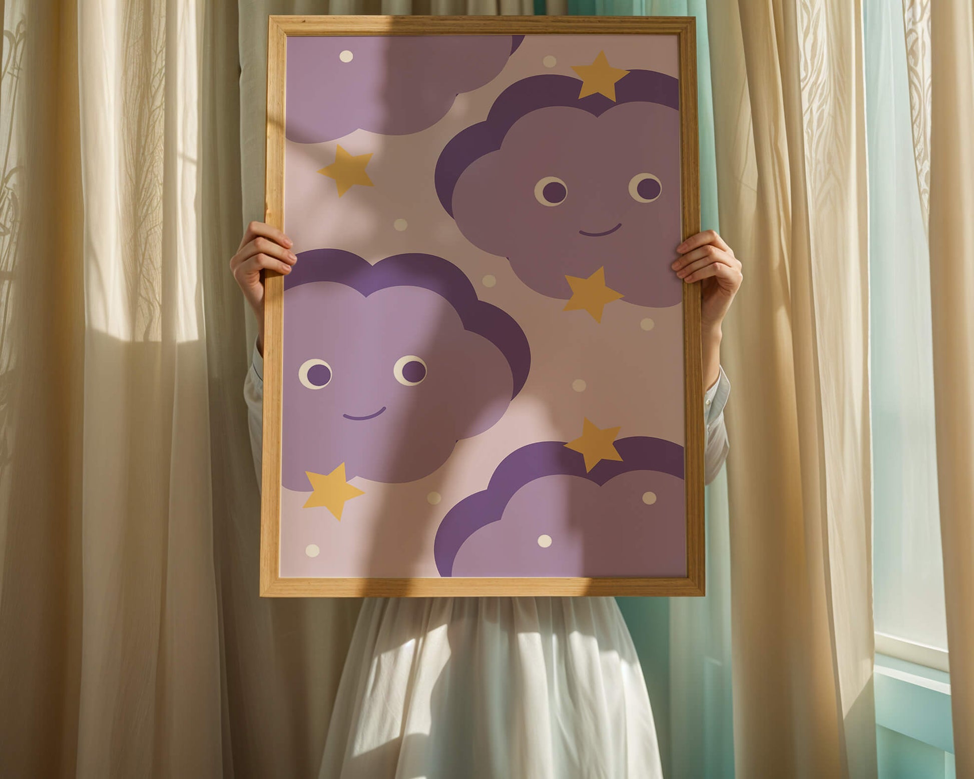 Whimsical purple cloud and star pattern for children's room decor