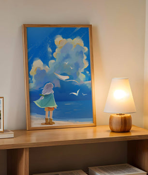 Young person gazing at a vibrant seaside sky with birds flying