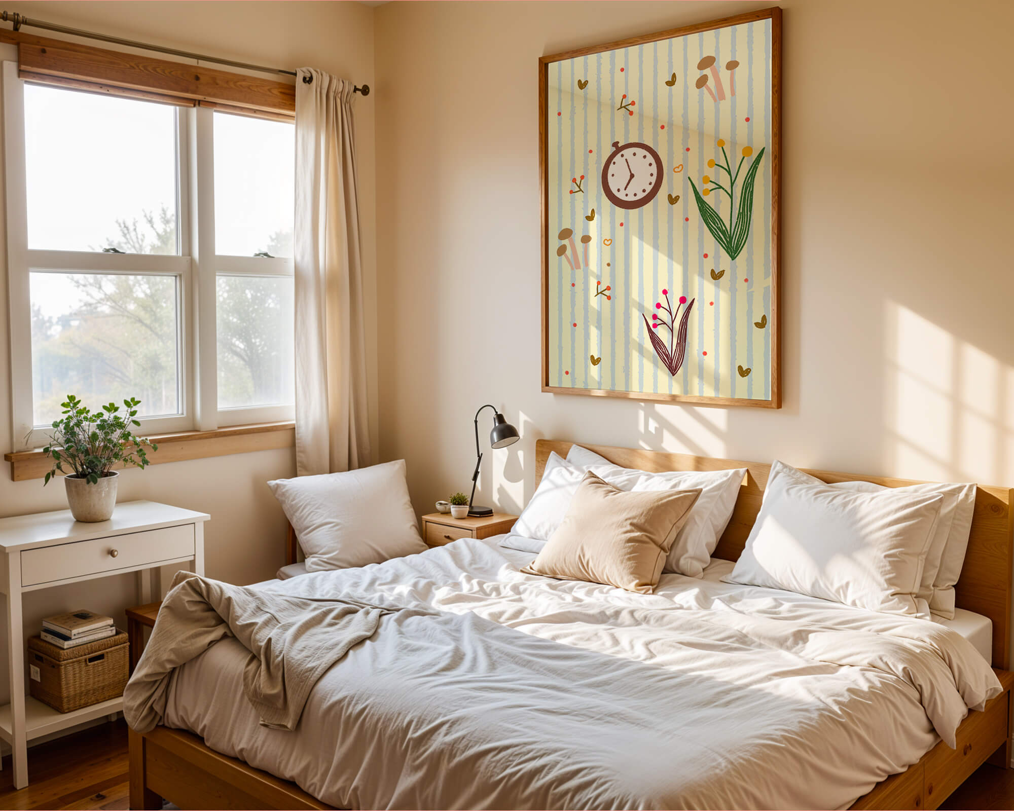 Whimsical pattern with clock, mushrooms, and florals on striped background