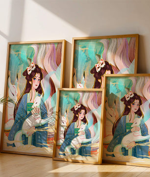 Œuvre de fantasy élégante mettant en scène une figure mystique accompagnée de renards et de couleurs vibrantes