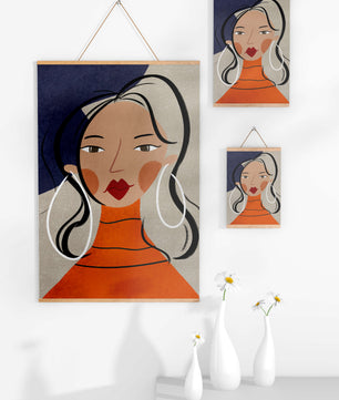 Colorful abstract portrait featuring a woman with red lips and hoop earrings on textured background - Mi tienda