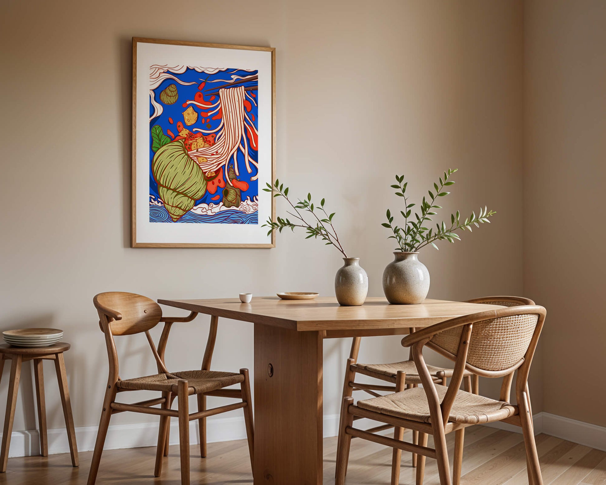 Ilustración intrincada de fideos con colores vibrantes y elementos detallados