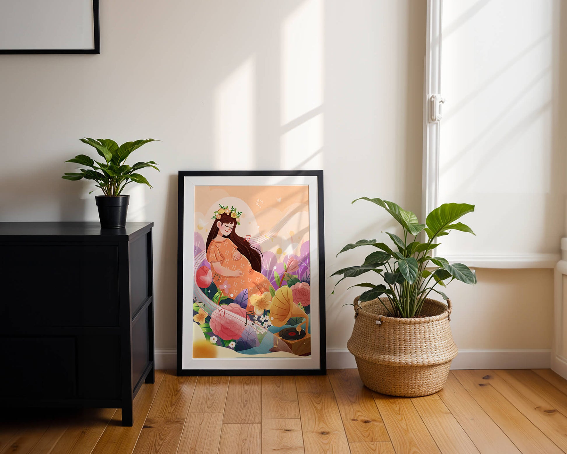 Woman in nature with flowers and musical notes
