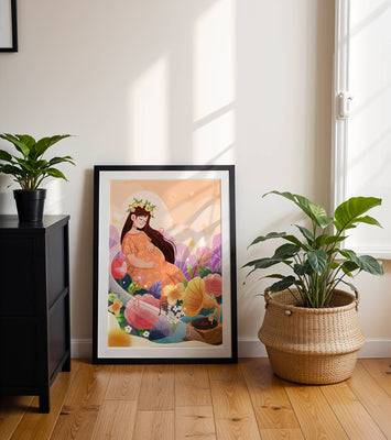 Woman in nature with flowers and musical notes