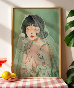 Ilustración emocional de una mujer rodeada de flores