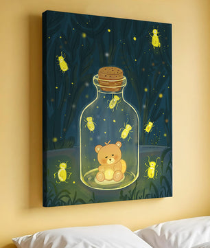 Charming teddy bear in a jar with glowing fireflies