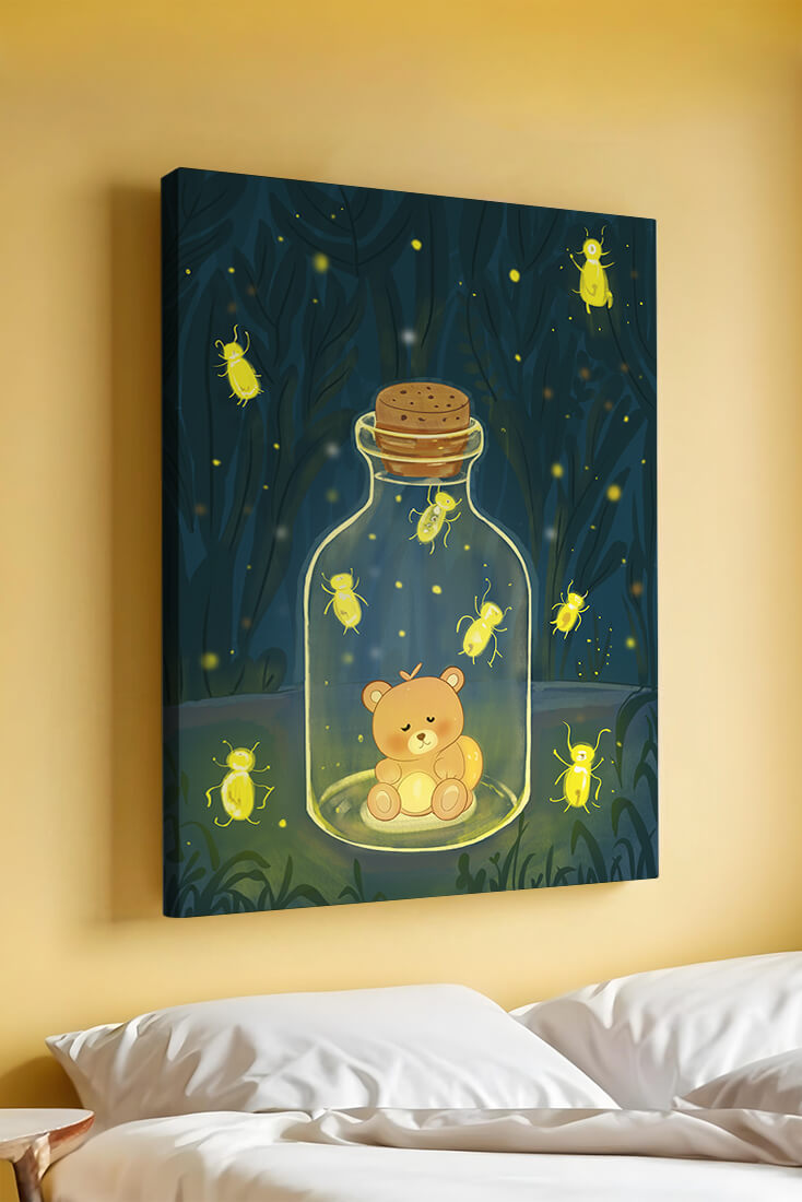 Charming teddy bear in a jar with glowing fireflies