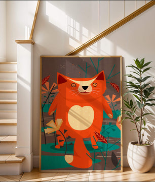 Illustration Of A Cute Orange Cat Surrounded By Stylized Trees And Plants