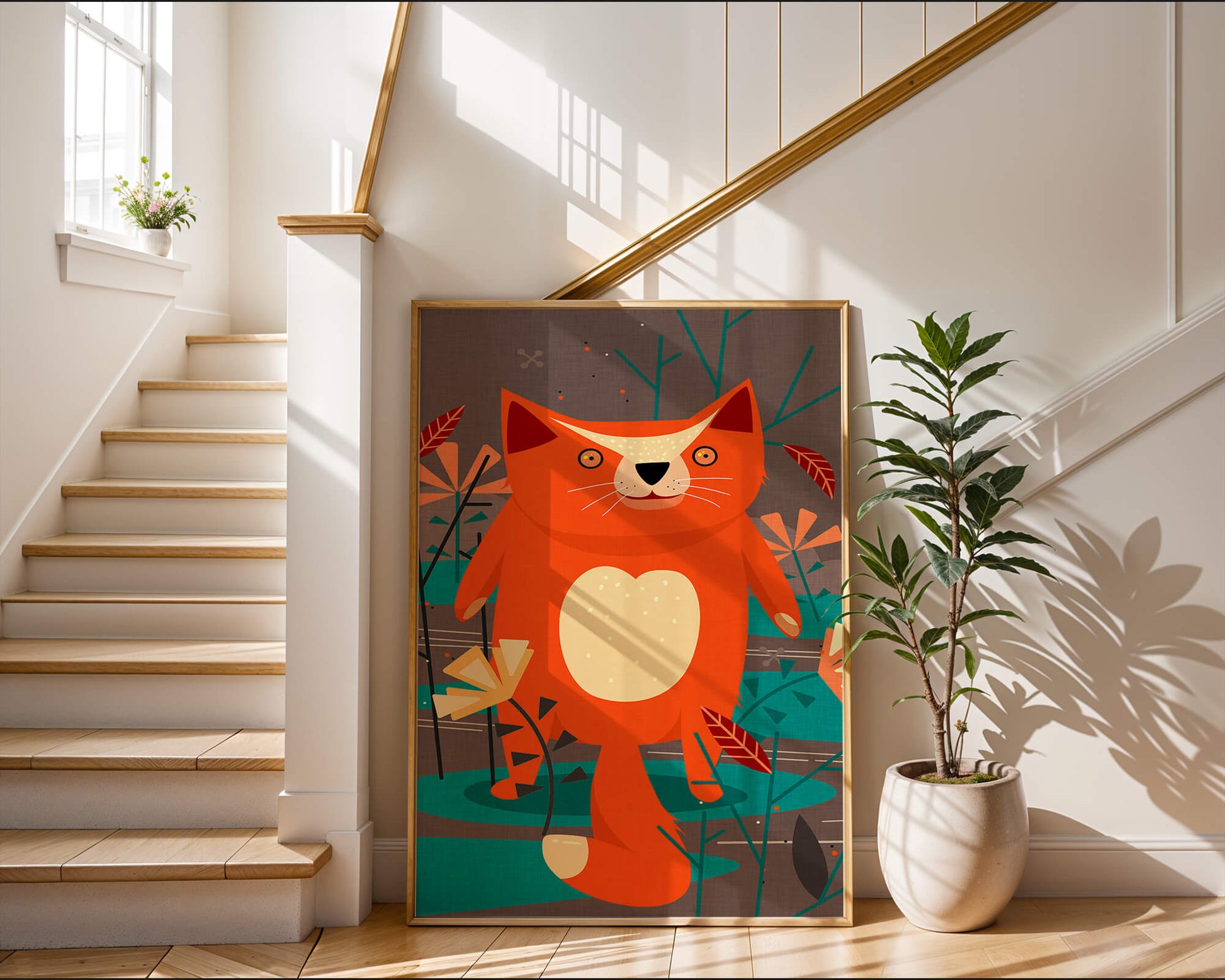 Illustration Of A Cute Orange Cat Surrounded By Stylized Trees And Plants