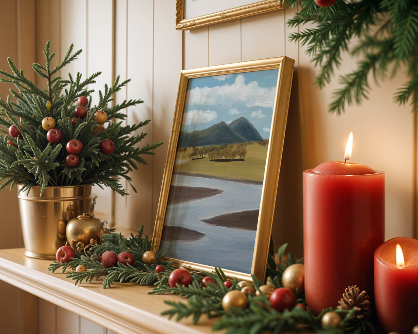Serene Landscape with Mountains, Trees, and River