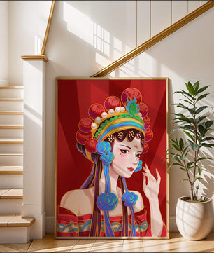 Traditional Asian art depicting stylized woman with ornate headdress