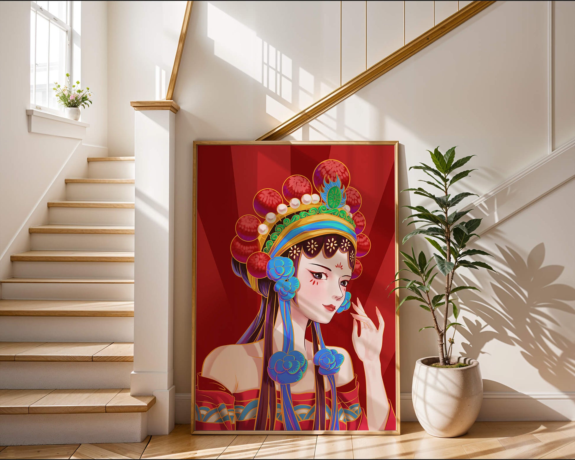 Traditional Asian art depicting stylized woman with ornate headdress