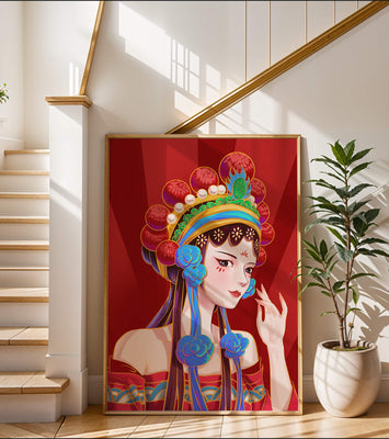 Traditional Asian art depicting stylized woman with ornate headdress