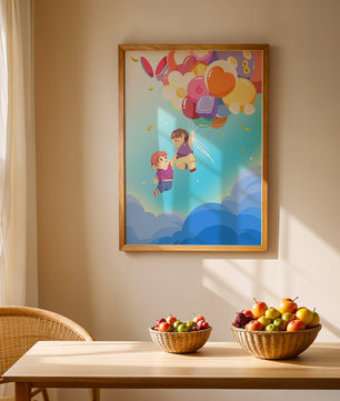 Ilustración caprichosa de niños en el cielo con globos de colores