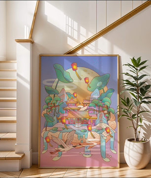 Illustration pittoresque d’un temple chinois avec des lanternes flottantes et un paysage serein