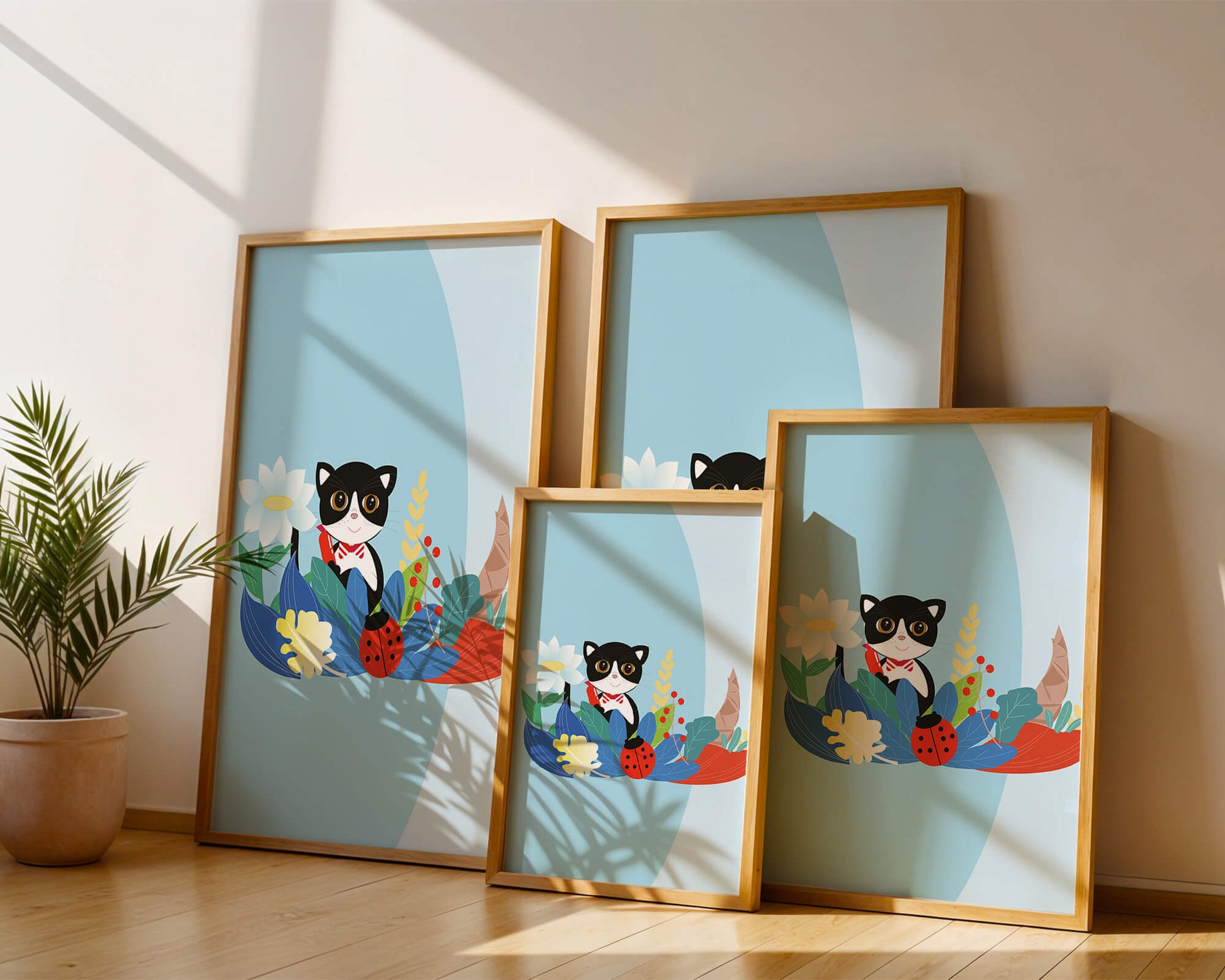 Ilustración de un gato con mariquita y flores sobre fondo azul claro