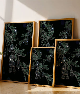 Elegante botanische Illustration mit leuchtenden Früchten und Blättern