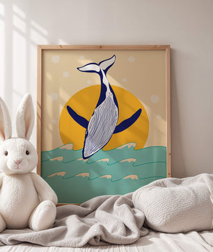 Ilustración de una ballena saltando sobre las olas con un fondo de sol