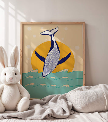 Illustration of a whale jumping over waves with sun backdrop