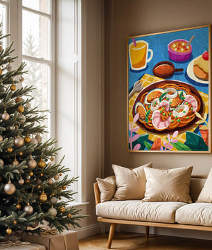 Escena ilustrativa de desayuno colorida con pasta y bebidas