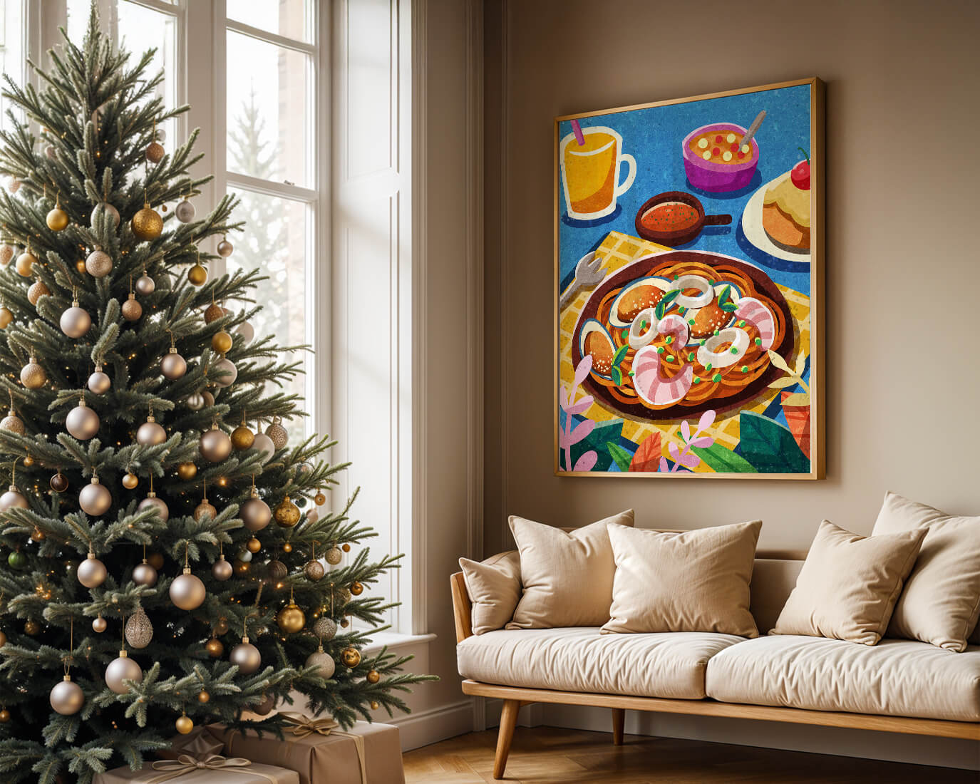 Colorful Illustrative Breakfast Scene with Pasta and Drinks