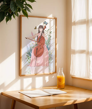 Girl Playing Cello Surrounded by Nature with Butterflies - Mi tienda