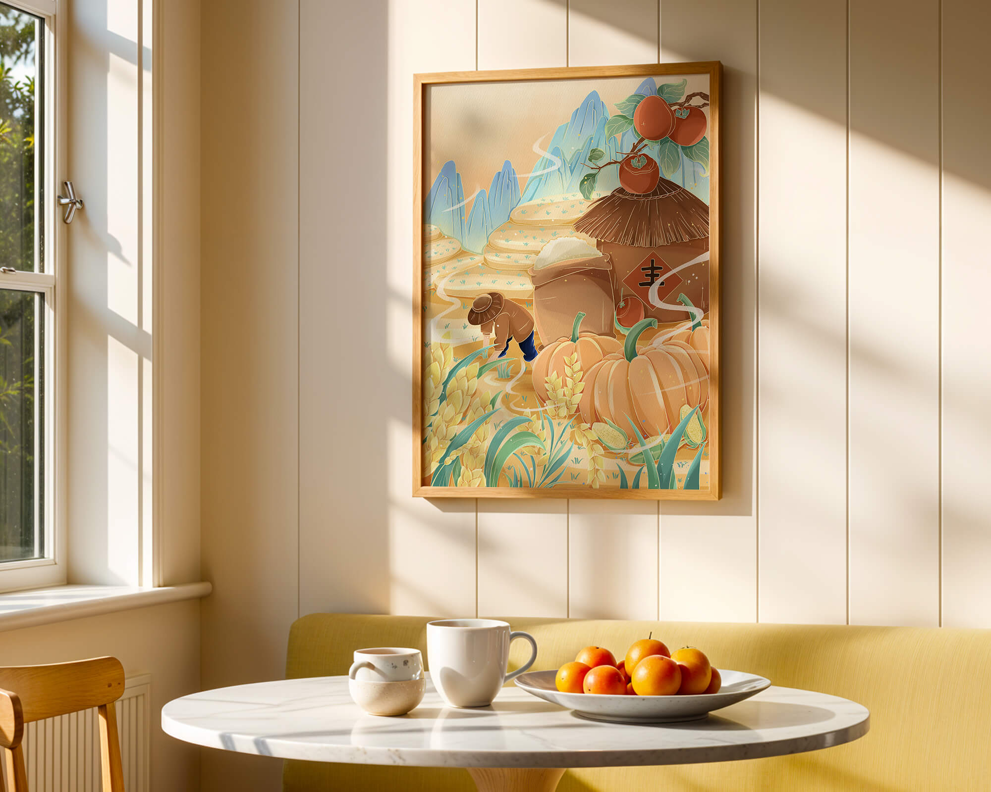 Pastoral landscape with pumpkins and farmer in rice fields