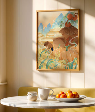 Pastoral landscape with pumpkins and farmer in rice fields