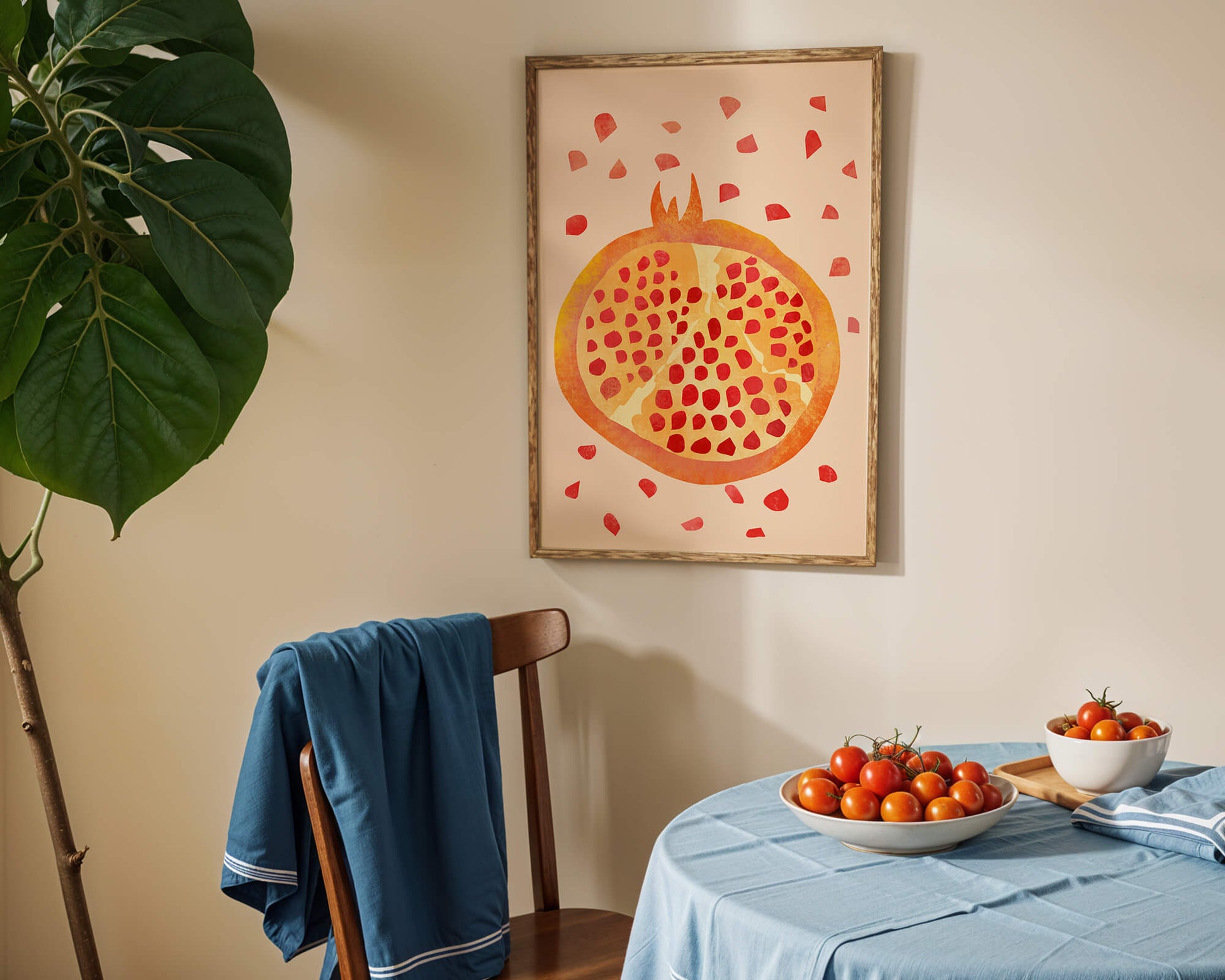 Colorful abstract pomegranate illustration with scattered seeds