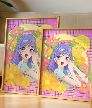 Anime-Mädchen mit leuchtenden Blumen und lila Haaren auf buntem Hintergrund