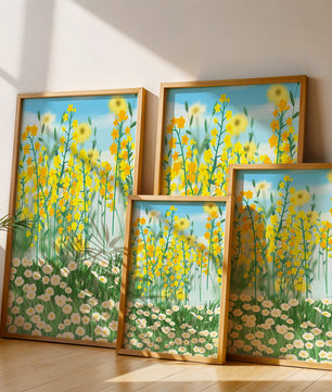 Frühlingwiese mit blühenden gelben und weißen Blumen