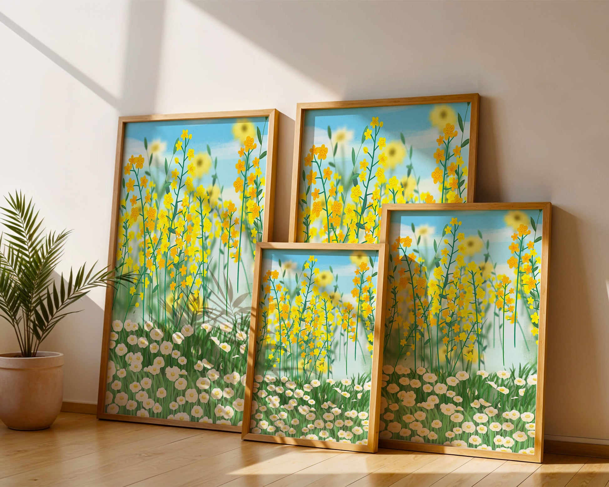 Springtime Meadow With Blooming Yellow And White Flowers