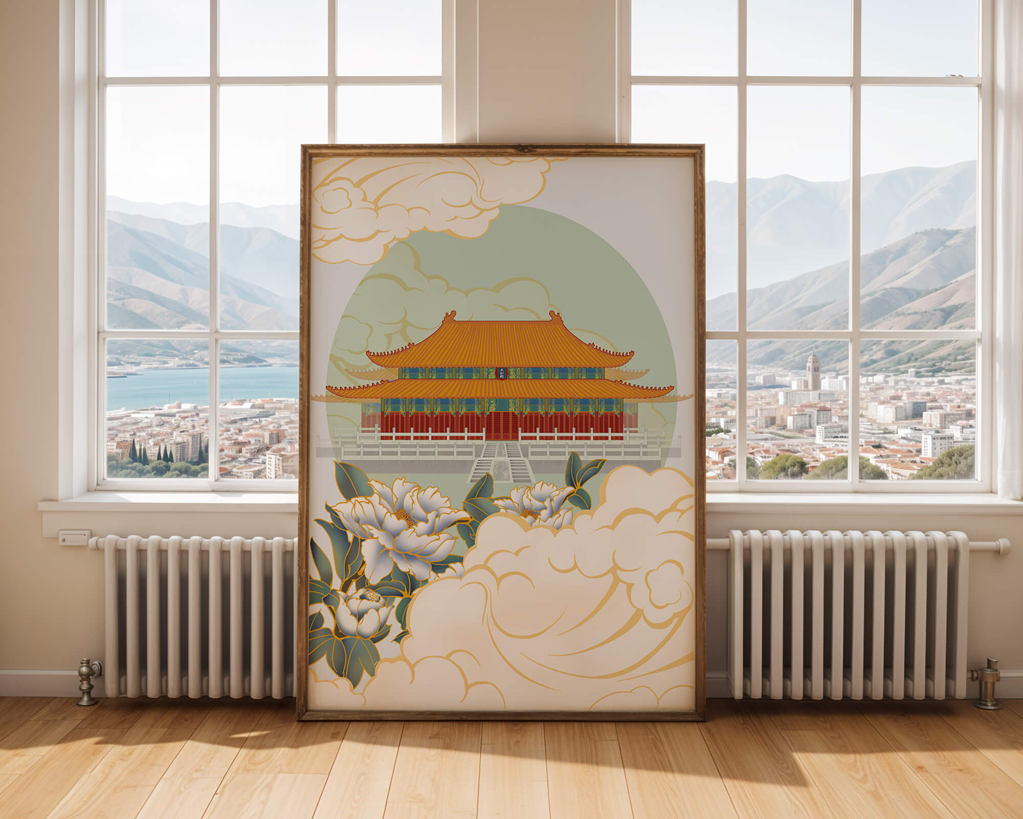 Traditional Asian palace illustration with floral and cloud motifs