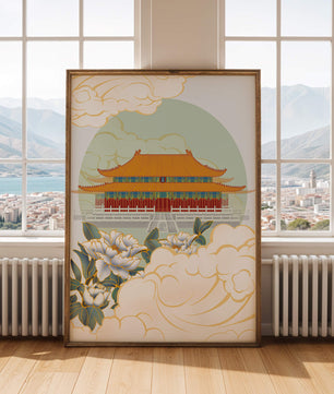 Traditional Asian palace illustration with floral and cloud motifs