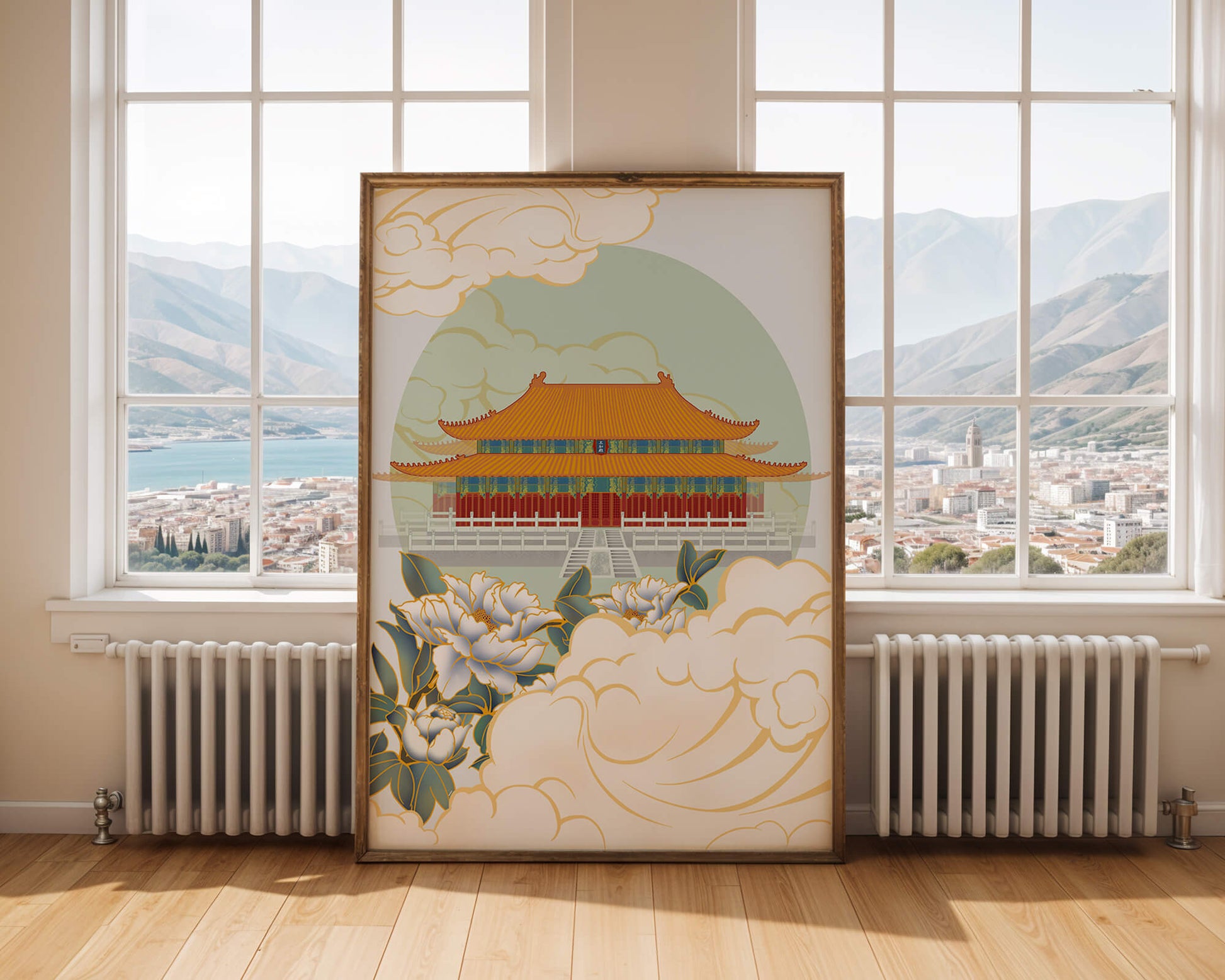 Traditional Asian palace illustration with floral and cloud motifs