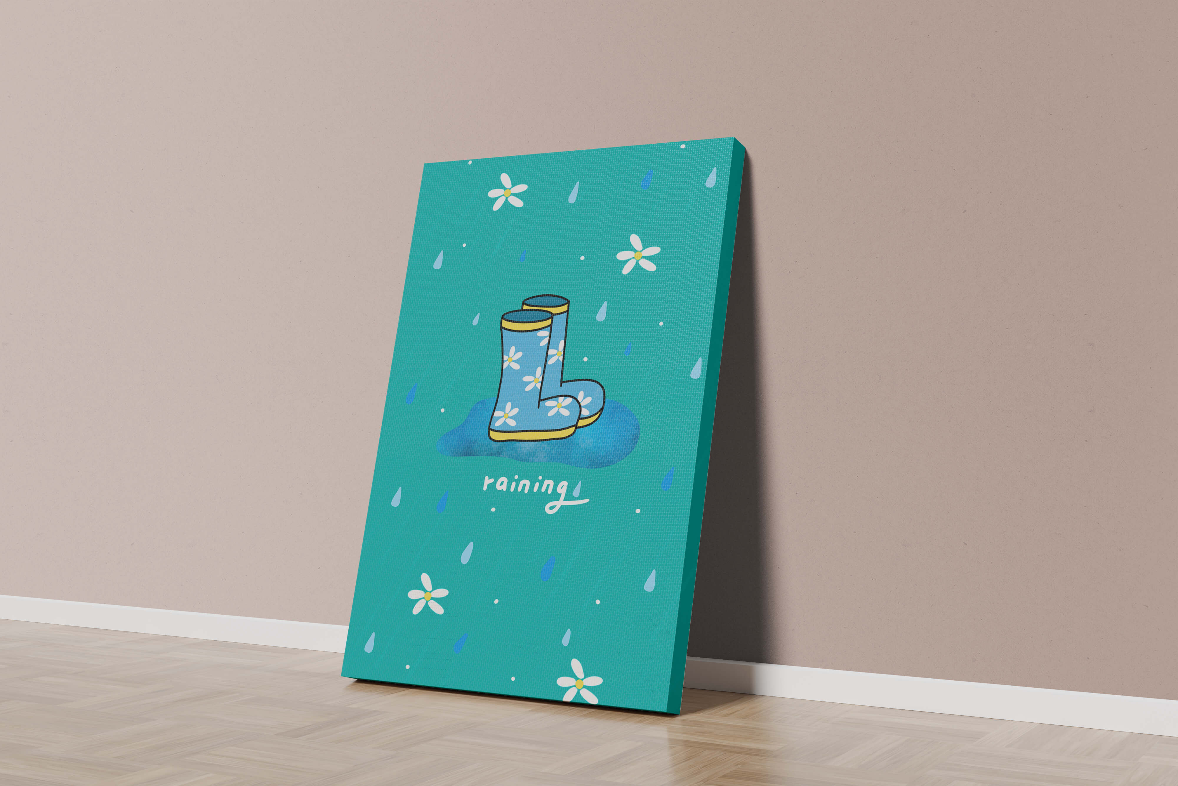 Colorful rain boots with floral pattern on a rainy background