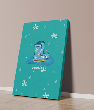 Colorful rain boots with floral pattern on a rainy background