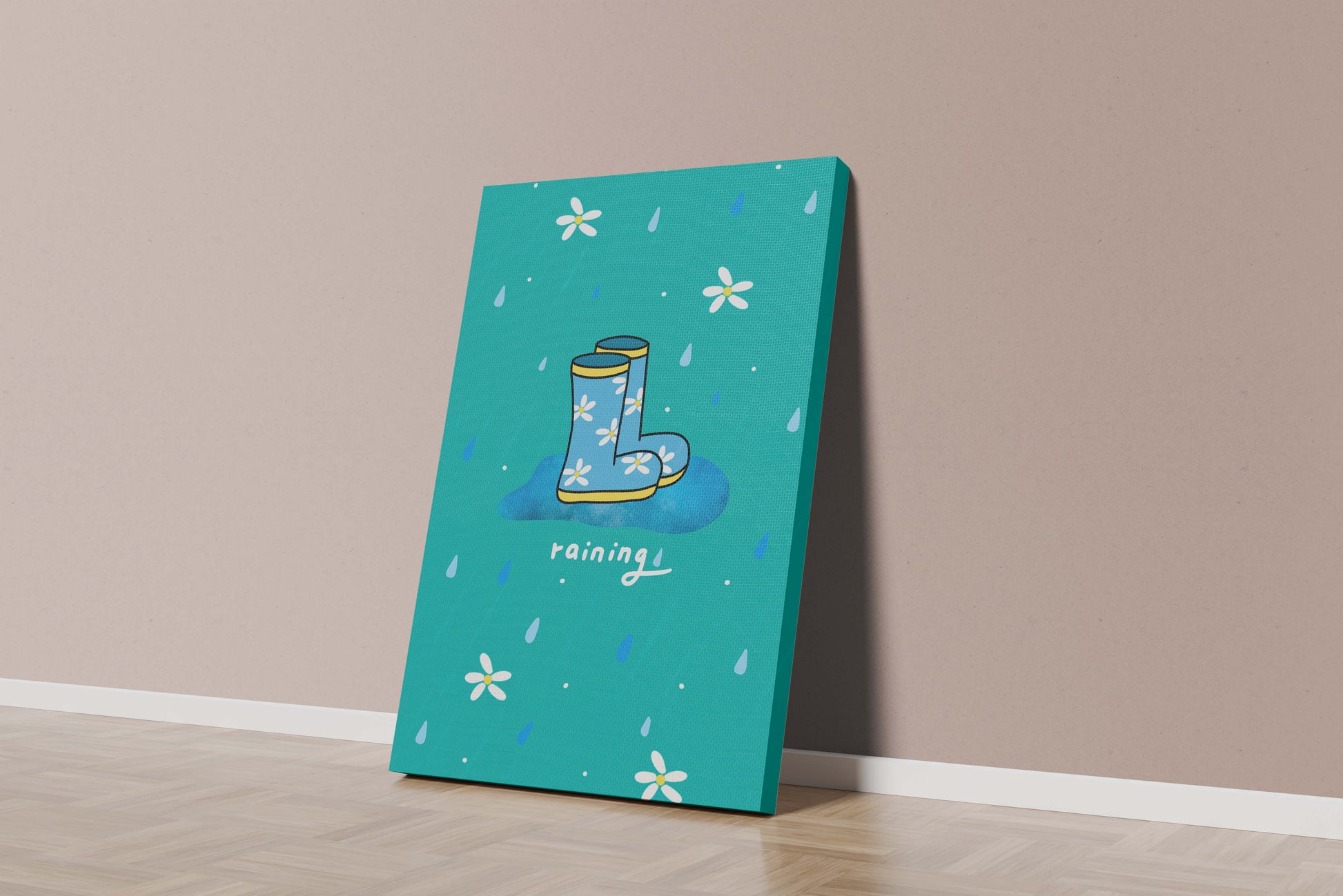 Colorful rain boots with floral pattern on a rainy background