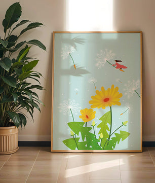 Whimsical illustration of a girl flying with dandelions in a colorful floral scene