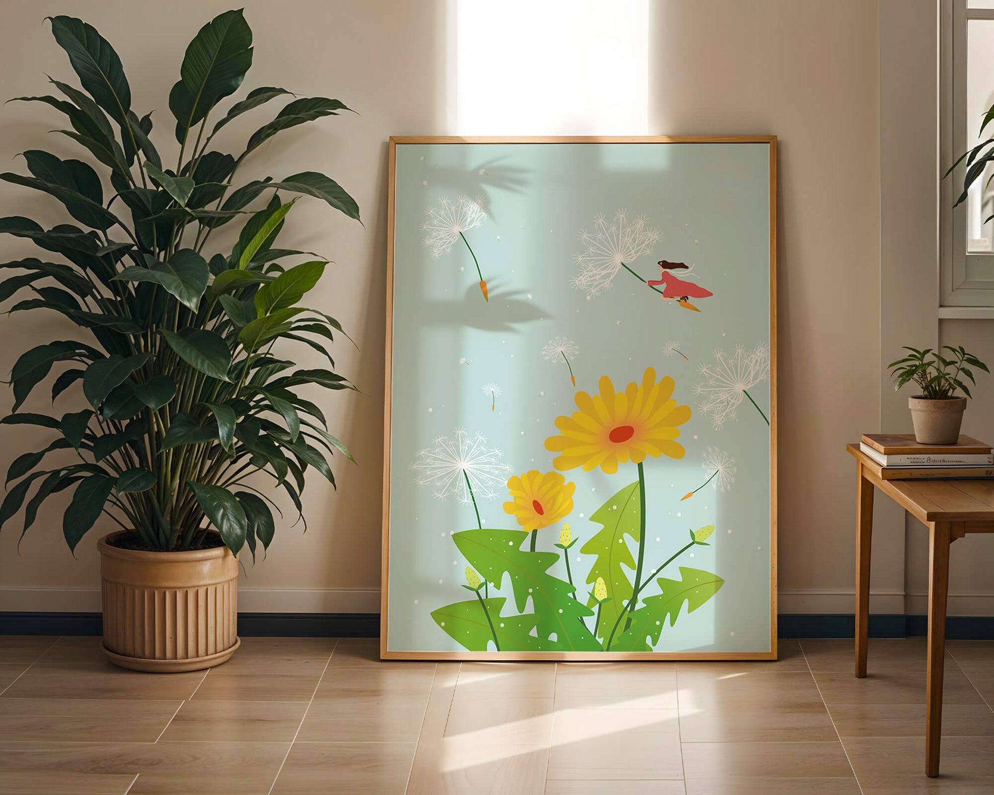 Whimsical illustration of a girl flying with dandelions in a colorful floral scene