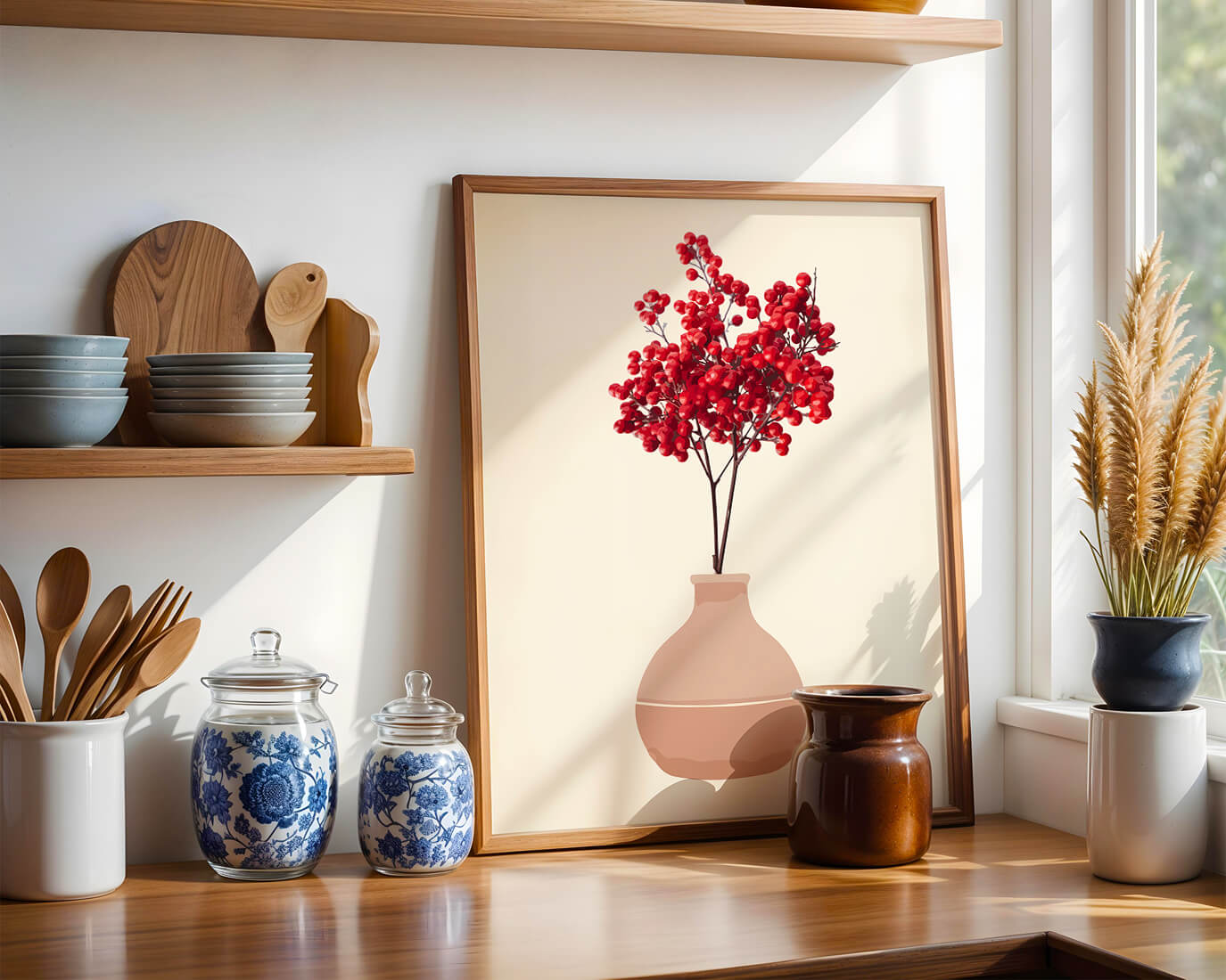 Red berries in minimalist clay vase on neutral background