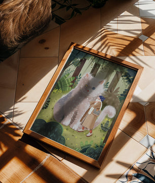Verzauberter Wald mit einer riesigen Katze und einer Frau